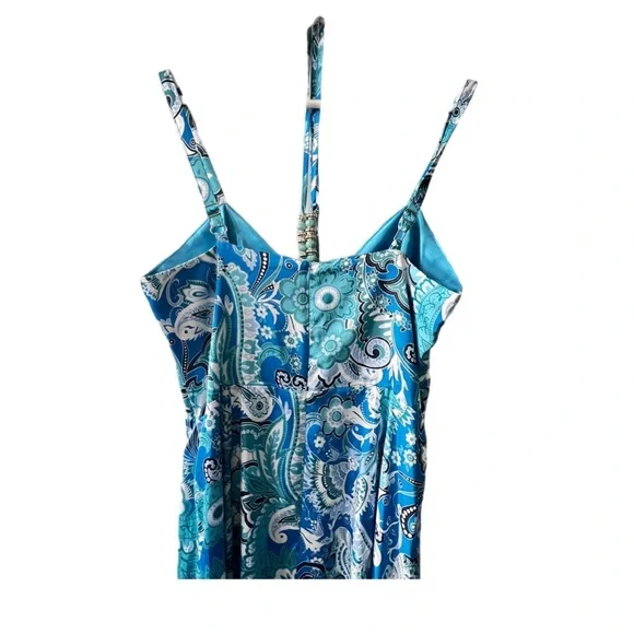 Boston Proper Stamped Floral Blues Print Necklace Detail  Maxi Dress, Size 10 - Picture 6 of 11